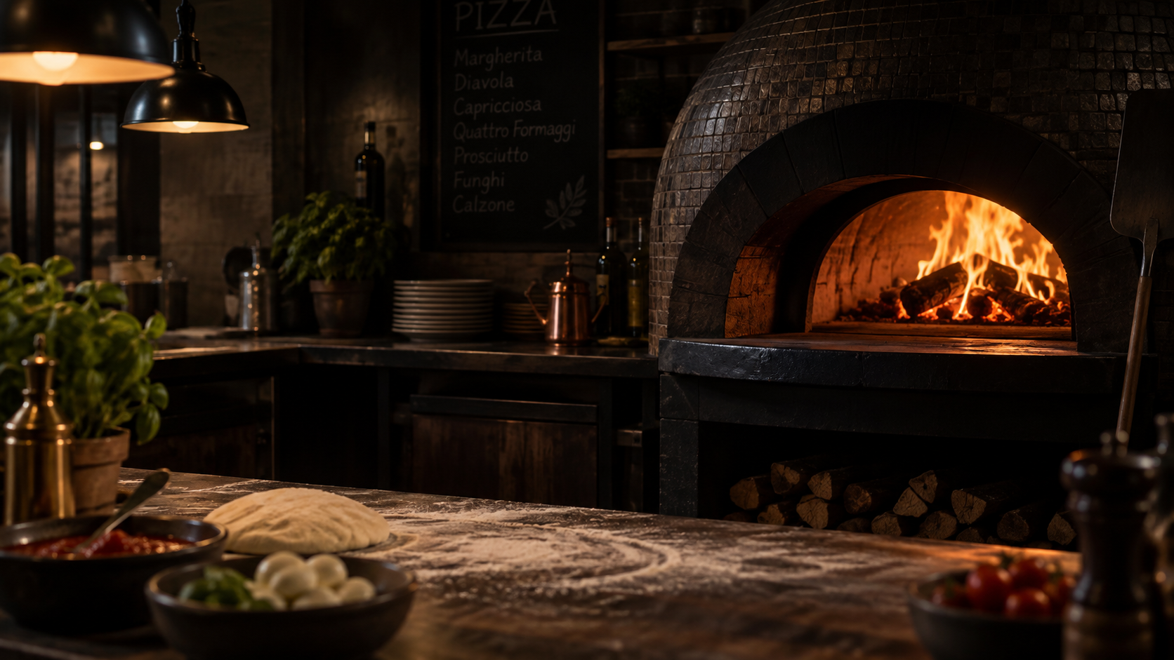 Mörkt pizzeriakök med vedeldad ugn